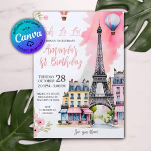 Invitación de cumpleaños de París, invitación a una fiesta parisina, cumpleaños con temática parisina, cafetería Coquette Paris, pastelería francesa, Torre Eiffel, Oh La La Paris