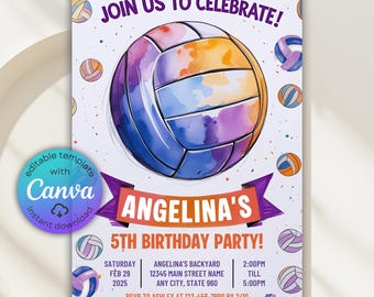 Girls Volleyball Invitation, Volleyball Party Invite, Volleyball Theme Birthday, Volleyball Game Invite, Sports Invitation, Canva Template