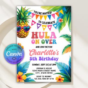 Editable Hula on Over Pineapple Birthday Invitation, Pineapple Invitation, Tropical Aloha Birthday, Hawaiian Party Invite, Canva Template