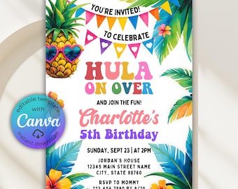 Convite de aniversário editável Hula on Over Pineapple, convite de abacaxi, aniversário tropical Aloha, convite para festa havaiana, modelo Canva