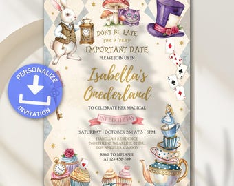 Alice in Wonderland Birthday Invitation, Onederland Girl Birthday, Whimsical Tea Party Invite, 1st Birthday Invite, Personalized Invitation