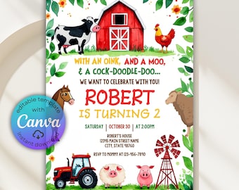Editable Farm Birthday Invitation, Farm Invitation, Farm Animals Party Invite, Red Barnyard Invite, Ranch Kids Birthday, Canva Template Card