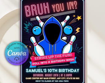 Bearbeitbare Bruh Bowling-Geburtstags-Einladung, Neon Glow Bowling-Einladung, Retro Bowling-Einladung, schlage eine lustige Party ein, Canva-Vorlage