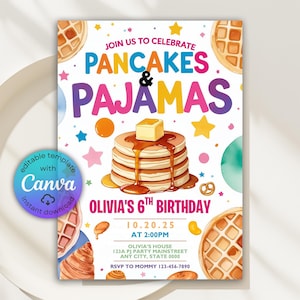 Pancakes and Pajamas Invitation, Pancakes and Pajamas Party, Pancake Pajama Sleepover Invite, Girl Birthday Slumber Party, Canva Template