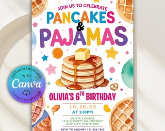 Pancakes and Pajamas Invitation, Pancakes and Pajamas Party, Pancake Pajama Sleepover Invite, Girl Birthday Slumber Party, Canva Template
