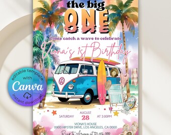 May include: A colorful birthday invitation with a beach theme. The design features a blue and white vintage van, palm trees, and a surfboard. Text includes "the big ONE" and "Viona's 1st Birthday".
