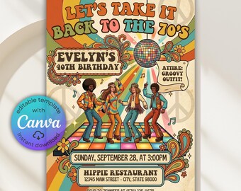 Invitación a fiesta de cumpleaños de los años 70, fiesta de cumpleaños con temática retro de los años 70, invitación a fiesta de baile disco de los años 70, invitación de regreso a los años 70, Canva editable