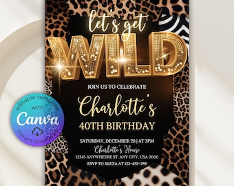Invitación de cumpleaños con estampado de animales salvajes, fiesta disco glam (plantilla digital)