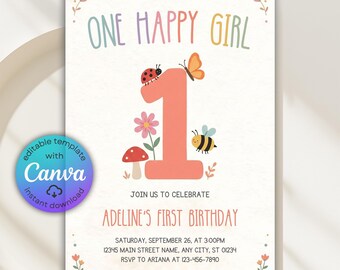 Whimsical 1st Birthday Party Invitation, One Happy Girl Birthday Invitation, Girl Pastel Invite, Gardening Theme Party Invite Canva Template