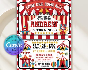 Vintage Carnival Birthday Invitation, Carnival Invitation, Circus Invitation, Circus Party Invite, Carnival Theme Birthday Kids Canva Invite
