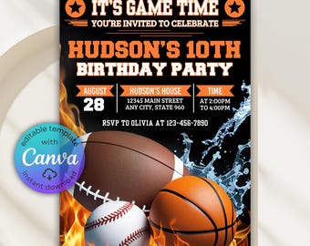 All Star Sports Birthday Invitation, Sports Invitation, Sports Party Invite, Sport Theme Invite, Ball Sports Birthday Party, Canva Template