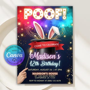 May include: A vibrant birthday invitation with the word "POOF!" in gold lettering. It features a magician's hat with rabbit ears, a red ribbon, and the text "Come to Celebrate." The invitation is for Madison's 12th Birthday.