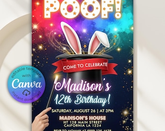 Magic Show Birthday Invitation, Magician Party, Canva Template (Digital Download)