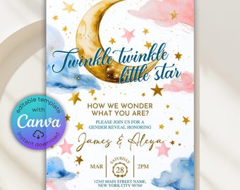 May include: A gender reveal invitation with a watercolor design. The invitation features a gold crescent moon, stars, and clouds in pink and blue. Text includes "Twinkle twinkle little star" and event details.