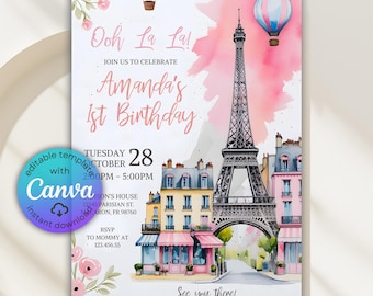 Paris Birthday Invitation, Parisian Party Invite, Paris Theme Birthday, Coquette Paris Cafe, French Patisserie, Eiffel Tower, Oh La La Paris