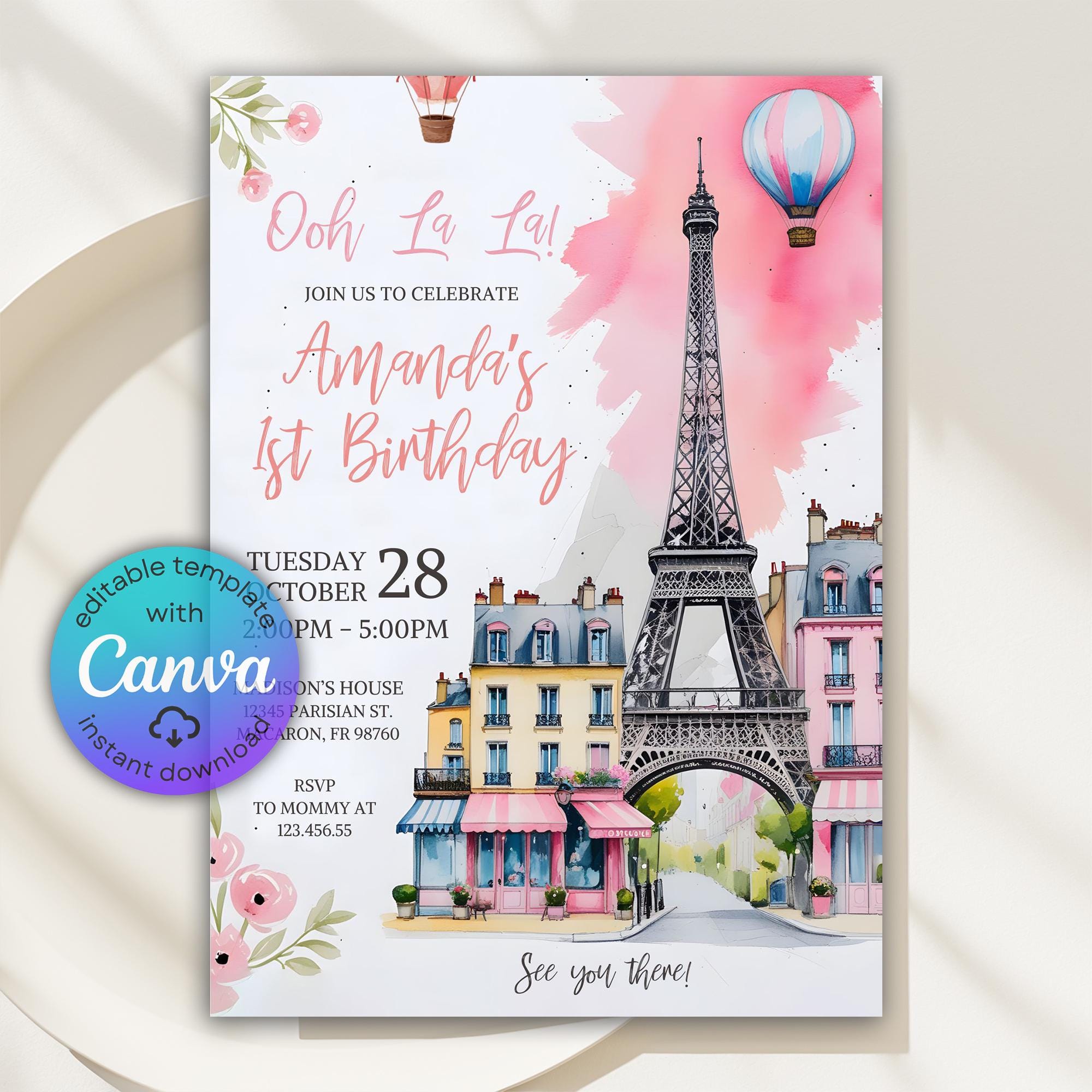 Invitación de cumpleaños de París, invitación a una fiesta parisina, cumpleaños con temática parisina, cafetería Coquette Paris, pastelería francesa, Torre Eiffel, Oh La La Paris