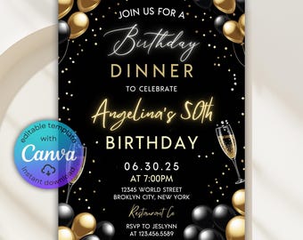 Editable Birthday Dinner Invitation, Gold and Black Invitation, Gold Balloon, Glam, Glitter, Printable Digital, Canva Template, Evite