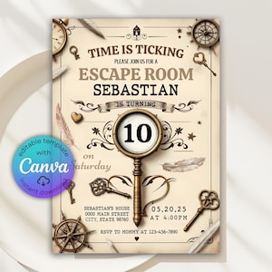 Escape Room Birthday Invitation, Escape Room Invitation, Mystery Birthday Invite, Puzzle Game Theme Party, Detective Game Night Canva Invite