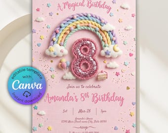 Girl 8th Birthday Invitation, Rainbow Birthday Invitation, Girls Pink Birthday Invite, Magical Rainbow Sparkle Party Invite, Canva Template