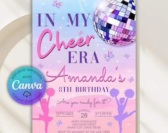 May include: A birthday party invitation with a cheerleading theme. The design features a disco ball, butterflies, and the text "In My Cheer Era" and "Amanda's 8th Birthday". Includes event details and a Canva template.