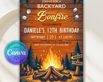Invitación de cumpleaños editable para fogata en el patio, invitación imprimible para fogata con s'mores y barbacoa, plantilla editable de Canva para invitación de fogata