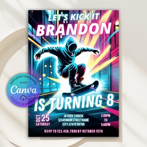 Skateboard Birthday Invitation, Skateboard Invitation, Skateboarding Skate Park Party Invite, Skate Party Invite, Neon Skateboard Invite