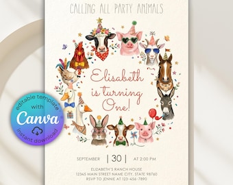 Invitación de cumpleaños de granja, Invitación de granja "Llamando a todos los animales de fiesta", Invitación de cumpleaños de lindos animales de granja, Fiesta de cumpleaños en el corral, Canva