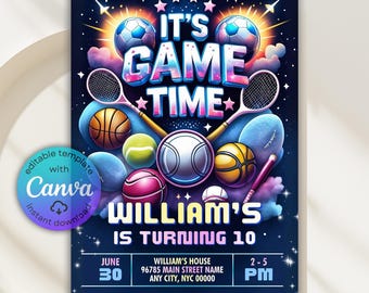Invito di compleanno All Star Sports, modello Canva (download digitale)