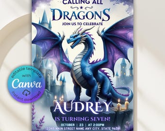 Dragon Birthday Invitation, Magical Party, Canva Template (Digital Download)