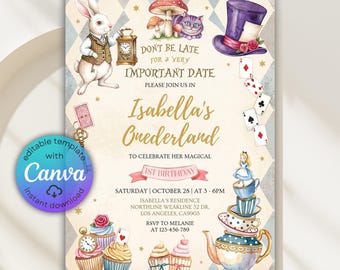 Alice in Wonderland Birthday Invitation, Onederland Girl Birthday, Whimsical Tea Party Invite, 1st Birthday Invite, Editable Canva Template