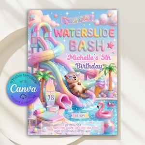 Otter Waterslide Birthday Invitation, Water Park Birthday Invitation, Girl Water Slide Bash, Splash Pad Summer Pool Party Invitation, Canva