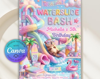 Invitación de cumpleaños con tobogán acuático de nutria, invitación de cumpleaños con parque acuático, fiesta de toboganes acuáticos para niñas, invitación a fiesta de verano en piscina con zona de juegos acuáticos, Canva