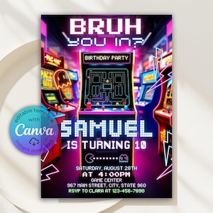 Convite de aniversário editável para fliperama, convite para videogame com brilho neon, aniversário de jogador, festa de fliperama retrô, modelo para impressão no Canva, Evite