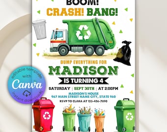 Plantilla editable de invitación de cumpleaños de camión de basura, invitación para fiesta de camión de volteo, cumpleaños de camión de basura para cualquier edad, tarjeta de cumpleaños de fiesta de basura, Canva DIY