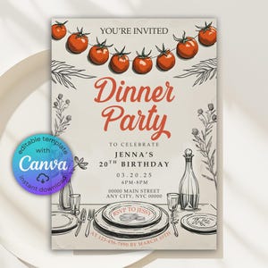 Summer BBQ Dinner Party Invitation, Retro Chic Hand Drawn Table Settings Tomato Party Invite, Dinner Party Birthday Invitation, Canva Invite