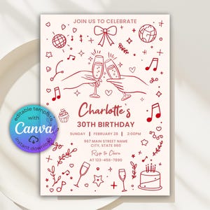 Editable Girl Pink Coquette Birthday Invitation, Hand Drawn Coquette Party Invite, Bow Invitation, Digital Canva Template, Instant Download