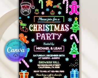 Invitación navideña neón, plantilla de Canva (descarga digital)