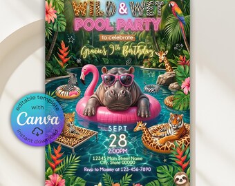 Wild Pool Party Invitation, Safari Wild Animal Pool Party Birthday Invitation, Neon Glow Swimming Pool Party Invite, Editable Canva Template