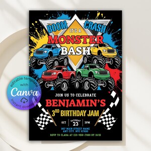 Boom Crash Monster Truck Birthday Invitation, Monster Truck Invitation, Monster Truck Party Invite, Trucks Birthday Invite, Canva Template