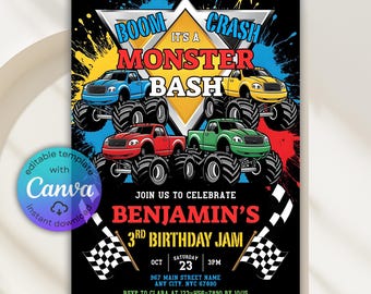Boom Crash Monster Truck Birthday Invitation, Monster Truck Invitation, Monster Truck Party Invite, Trucks Birthday Invite, Canva Template