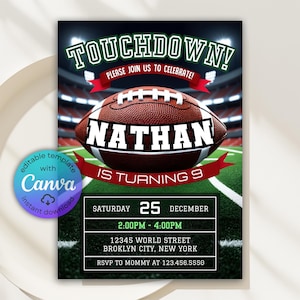 Bearbeitbare Fußball-Geburtstagseinladung, Sportparty einladen, Touchdown-Fußball, Fußballspiel, American Football, erstes Jahr nach unten, Canva
