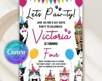 Editable Cat Birthday Party Invitation, Cat Theme Birthday, Kitty Cat Birthday Invitation, Cat Invitation, Pet Invitations, Canva Template