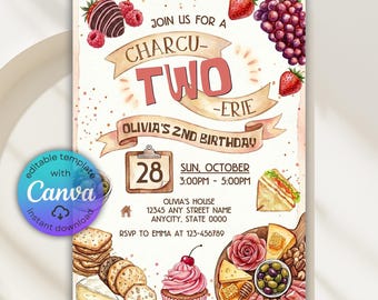 Charcuterie Board Party Invitation, Charcu-TWO-rie 2nd Birthday, Charcuterie Party Invitation, Bring Your Own Board Party, Editable Canva