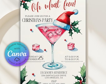 May include: Christmas party invitation featuring a pink cocktail in a martini glass, adorned with a Santa hat and holly. The invitation includes the text "Oh what fun!" and event details, with a Canva template option.