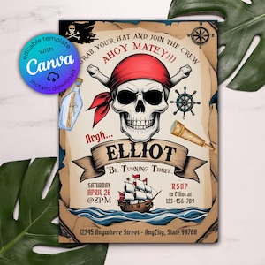 Faire-part d'anniversaire pirate modifiable, invitation pirate, fête pirate, tête de mort de pirate, Ahoy Mateys, carte au trésor, boîte au trésor, toile