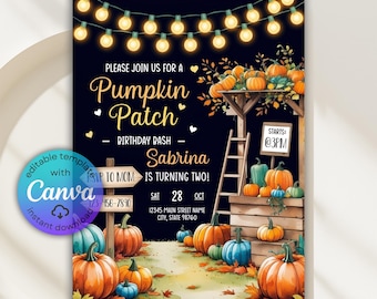 Convite de aniversário com tema de plantação de abóboras, convite para festa de outono (modelo digital)