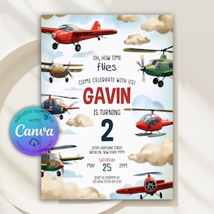 Time Flies Birthday Invitation, Editable Airplane Birthday Invitation, Boy Birthday, Airplane Party Invite, Pilot Birthday, Any Age, Canva