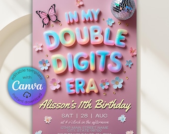 Invitación de "En mi Era de Doble Dígitos", Invitación de cumpleaños de Doble Dígitos, Fiesta de cumpleaños temática de Eras, Invitación a fiesta de Doble Dígitos, Invitación de Era
