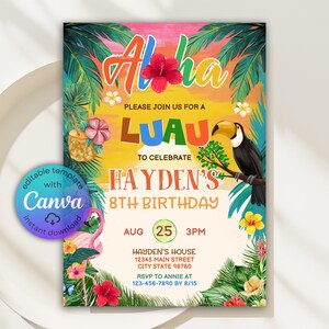 Editable Tropical Party Invitation, Luau Birthday Invitation, Aloha Hawaiian Invitation, Summer Birthday, Pool Party Invite, Canva Template