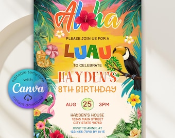 Invitación editable para fiesta tropical, invitación de cumpleaños luau, invitación hawaiana aloha, cumpleaños de verano, invitación para fiesta en la piscina, plantilla de Canva